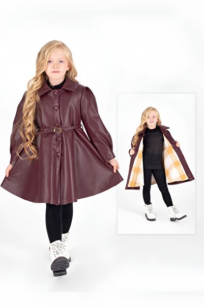 Momikon Kız Çocuk Kemer Detaylı Geniş Kesim Uzun Deri Kaban