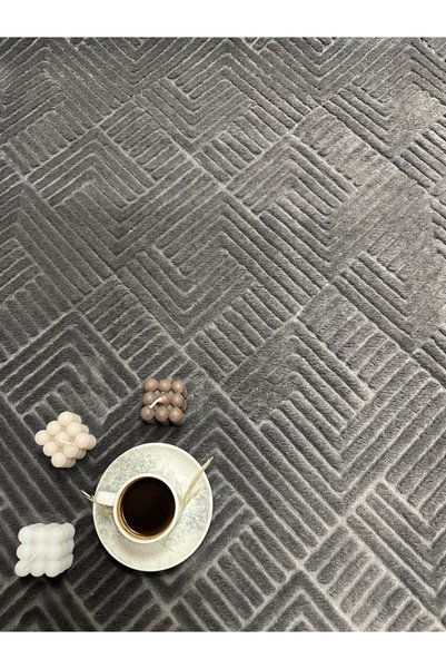 Merinos Rölyef Halı Kaymaz Tabanlı Yıkanabilir Antrasit Çizgili Salon Mutfak Koridor Yolluk Halı
