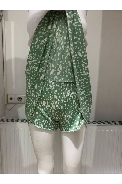 LADY HAZAL Зелена спідниця з міні-геленкою з далматинським візерунком - з шортами та повним коміром 09