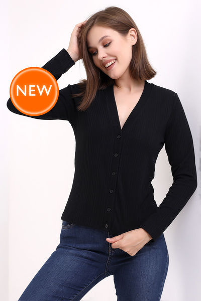 Şiir Γυναικεία μαύρη μακρυμάνικη ζακέτα Aryana Basic πλεκτή κλασική ζακέτα