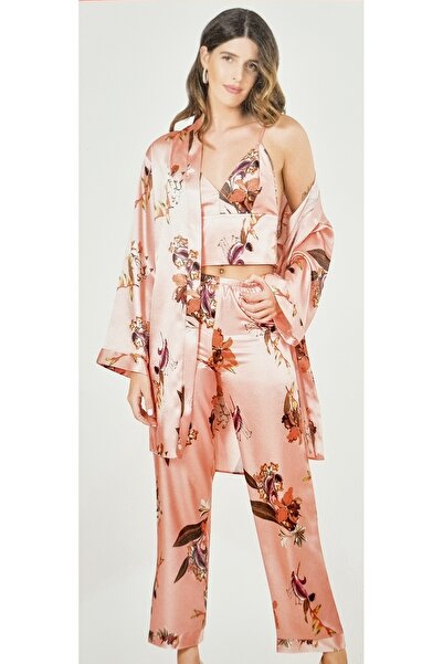 MOONGIRL Üçlü saten gecelik pijama takımı