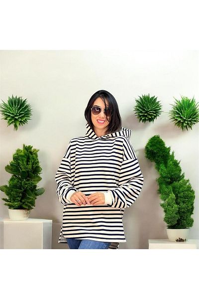 KLC MODA Hooded Slit Patterned Oversize Navy Blue White Sweat
