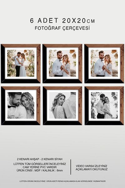 bymat 6 Pieces 20X20 Frame - Mdf Square Frame - Photo Frame - Wood-Black 2 Colors