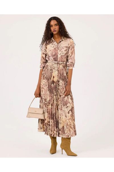 SEÇİL Shirt Collar Print and Belt Dress - Brown - 38