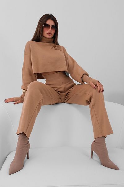 4S1B FASHION Set de tricotaje cu mânecă lungă și pantaloni tricotați cu talie înaltă - Camel 015
