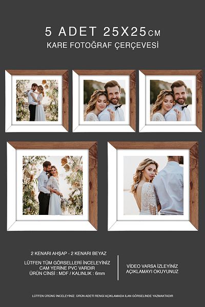 bymat 5 Pieces 25X25 Frame - Mdf Square Frame - Photo Frame - Wooden-White 2 Color Frame