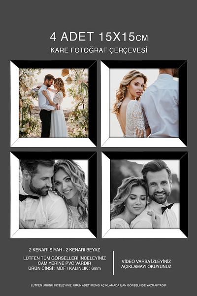 Bytwo 4 Pieces 15X15 Frame - Mdf Square Frame - Photo Frame - Black-White 2 Color Frame