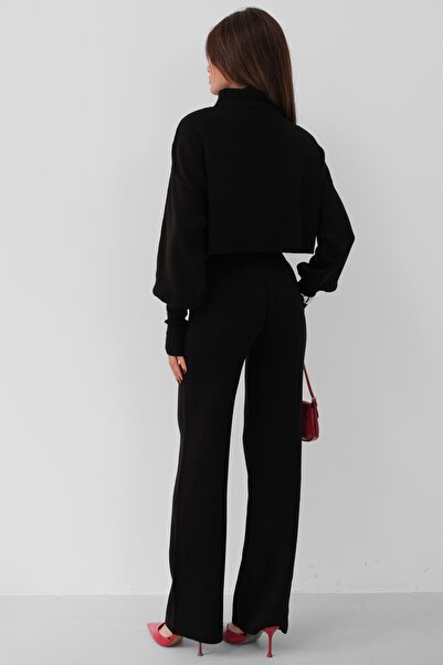 4S1B FASHION Garatlan nyakú, hosszú ujjú kötött pulóver és magas derekú kötött nadrág - fekete szett 015