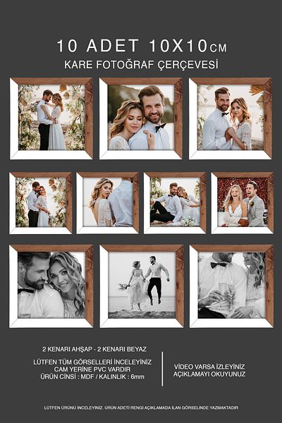 bymat 10 Pieces 10X10 Frame - Mdf Square Frame - Photo Frame - Wooden - White 2 Color Frame