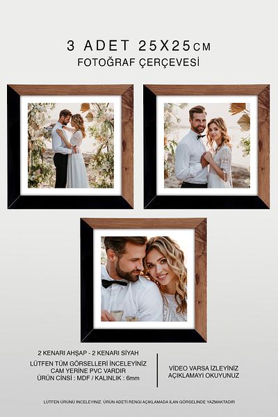 bymat 3 Pieces 25X25 Frame - Mdf Square Frame - Photo Frame - Wood-Black 2 Color Frame