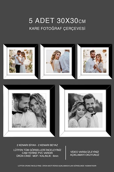 bymat 5 Pieces 30X30 Frame - Mdf Square Frame - Photo Frame - Black-White 2 Color Frame