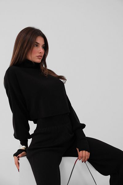 4S1B FASHION Pulover tricot cu mânecă lungă și pantaloni tricotați cu talie înaltă - Set negru 015