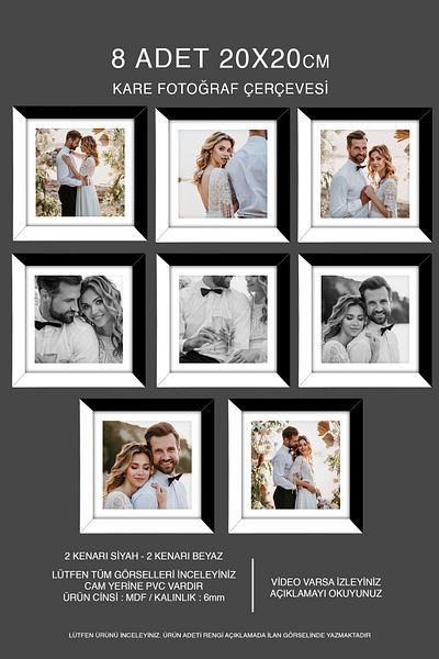 bymat 8 Pieces 20X20 Frame - Mdf Square Frame - Photo Frame - Black-White 2 Colors