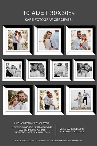 Bytwo 10 Pieces 30X30 Frame - Mdf Square Frame - Photo Frame - Black-White 2 Color Frame
