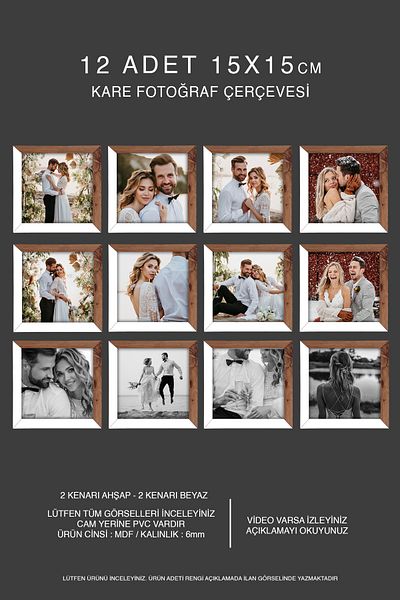 bymat 12 Pieces 15X15 Frame - Mdf Square Frame - Photo Frame - Wooden-White 2 Color Frame
