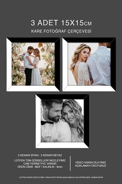 bymat 3 Pieces 15X15 Frame - Mdf Square Frame - Photo Frame - Black-White 2 Color Frame