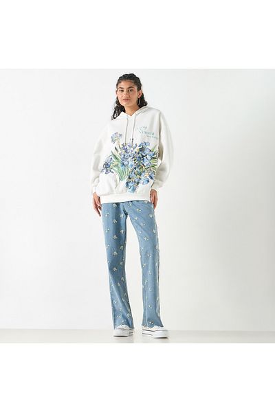 SP Characters Floral Print Oversized Hooded Sweatshirt With Long Sleeves