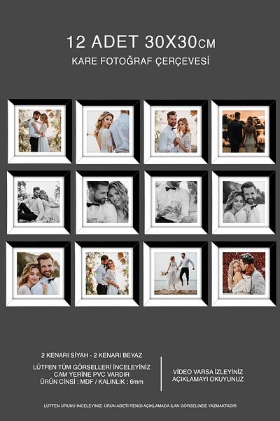 bymat 12 Pieces 30X30 Frame - Mdf Square Frame - Photo Frame - Black-White 2 Color Frame