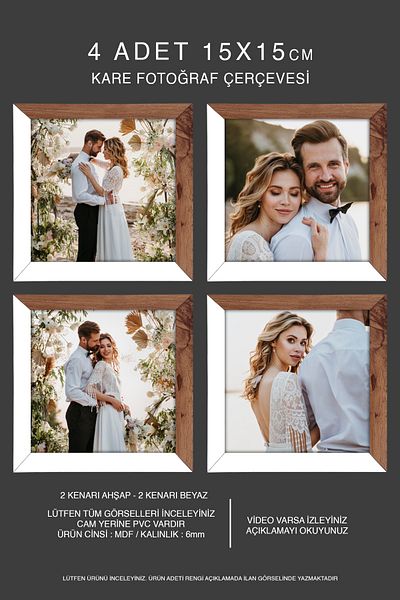 bymat 4 Pieces 15X15 Frame - Mdf Square Frame - Photo Frame - Wooden-White 2 Color Frame