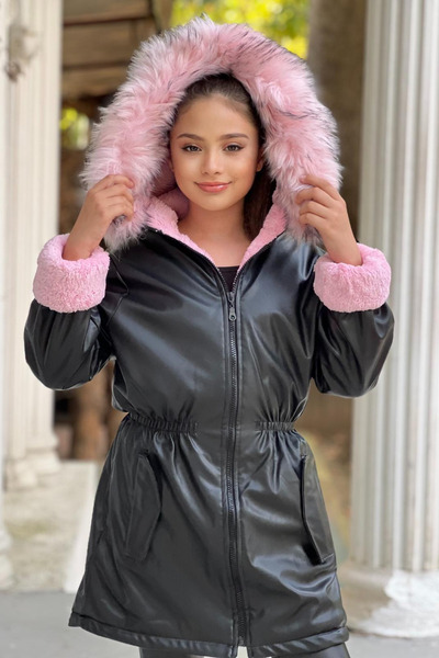 ELAFOR Plug-In Истинска вносна плюшена кожа с качулка отвътре Пълно зимно черно кожено палто за момиче