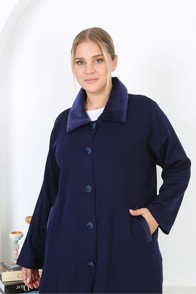Şans Women's Large Size Navy Blue Steel Knit Knitwear Unlined Long Coat with Pockets 65N38453