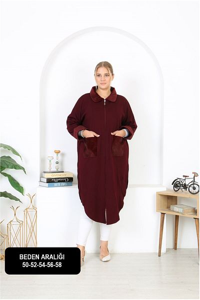 Şans Women's Large Size Claret Red Steel Knitted Knitwear Unlined 52-58 Size Poncho 65N38454