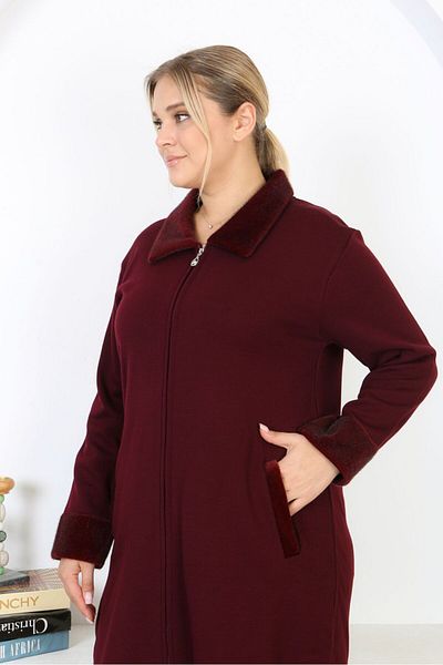 Şans Women's Large Size Claret Red Steel Knitted Knitwear Unlined Long Coat with Pockets 65N38455