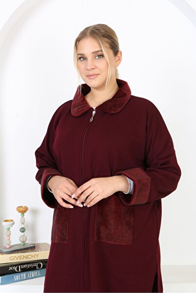 Şans Women's Large Size Claret Red Steel Knitted Knitwear Unlined 52-58 Size Poncho 65N38454