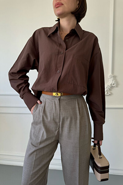 MAGARDE Oversize popelínová košile - zapínání, hnědá