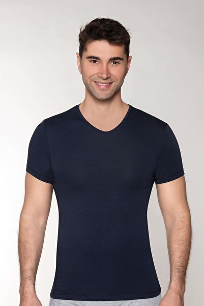 DOWRY Men's Modal V Neck Athlete T-Shirt Navy Blue