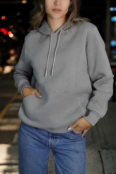 EydaMoon Women's Hooded Oversize Side Pocket 3 Thread Relaxed (Puff Fabric