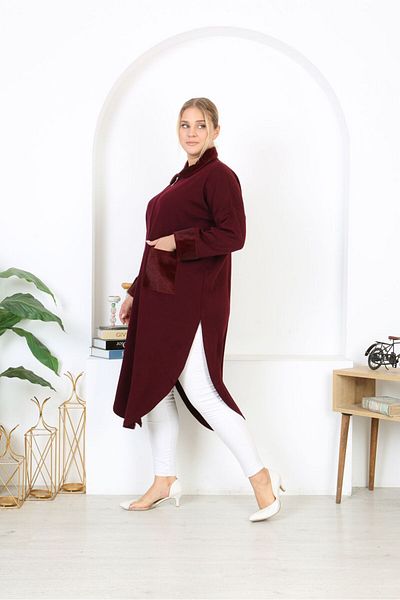 Şans Women's Large Size Claret Red Steel Knitted Knitwear Unlined 52-58 Size Poncho 65N38454
