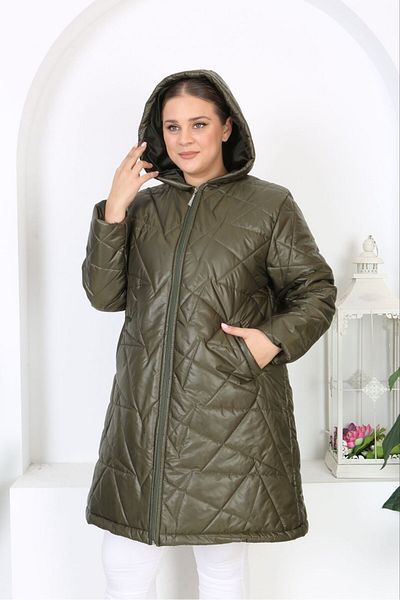 Şans Plus Size Khaki Quilted Coat - Hooded and Fiber Lining 65N38452