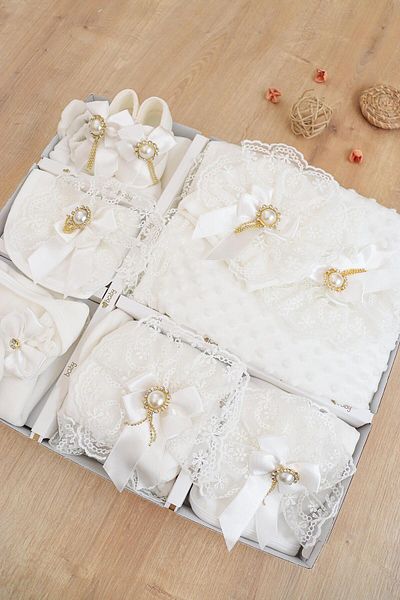 Sitilin Baby Girl Velvet Fabric White Lace Stoned Luxury 10 Piece Hospital Discharge Set Stl6829