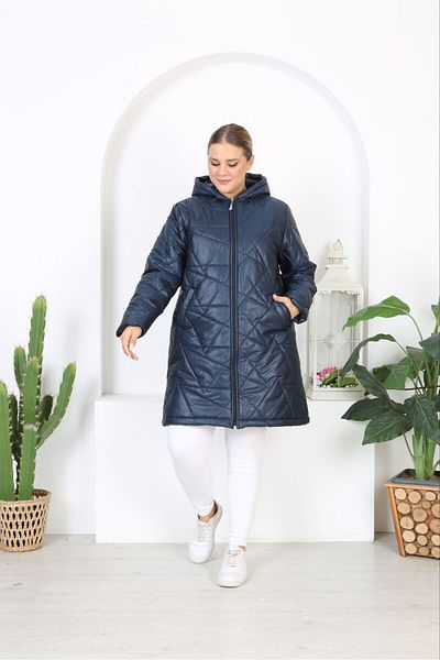 Şans Women's Large Size Navy Blue Hooded Quilted Coat with Fiber Lining 65N38452