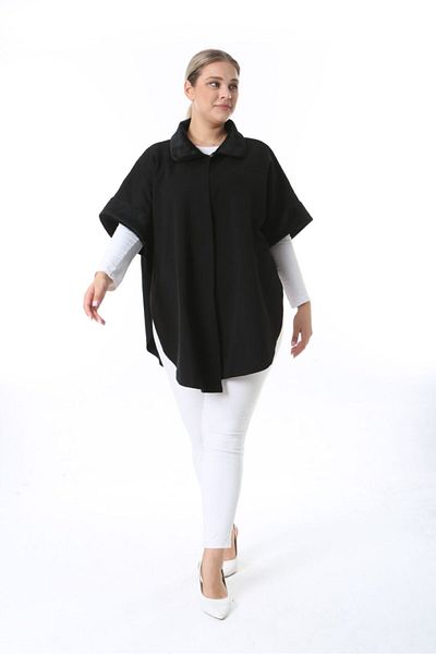 Şans Women's Large Size Black Steel Knitted Knitwear Poncho 65N38456