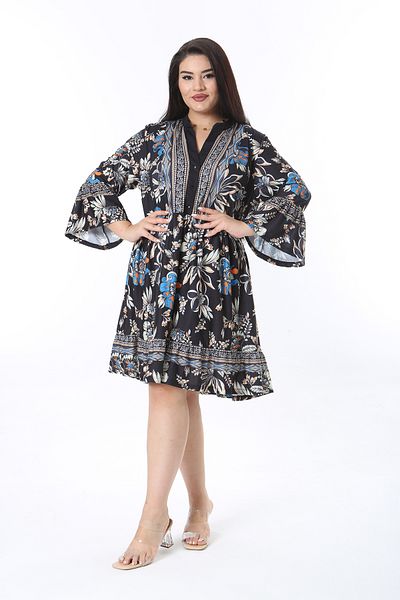 Şans Women's Plus Size Navy Blue Front Placket Buttoned Flounce Sleeve Skirt Tip Layered Dress 65N38471