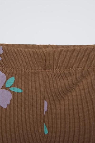 Magu Girl's Brown Floral Patterned Cotton Sweatshirt Tights Top and Bottom Set