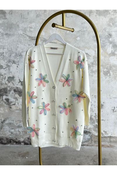 Hatun Atila Hatunatila Tulle Flower and Pearl Detailed Cardigan Sweater Cardigan White - 3046-1