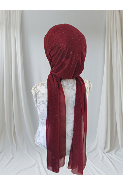 NurAy Bordo Simli Tektek Hazır Şal Hazır Türban Abiye Şal