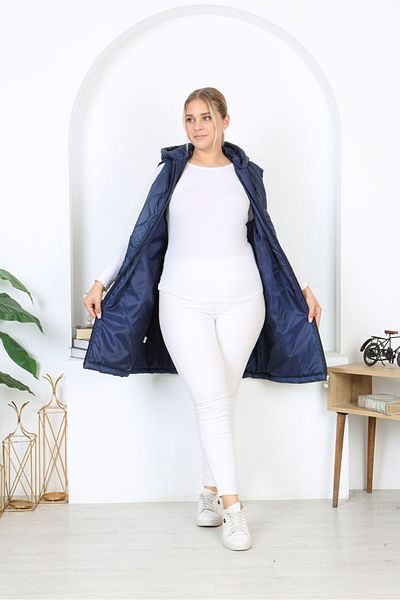 Şans Women's Large Size Navy Blue Hooded Long Vest with Quilted Pockets 65N38334