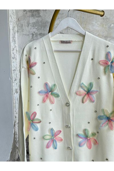 Hatun Atila Hatunatila Tulle Flower and Pearl Detailed Cardigan Sweater Cardigan White - 3046-1