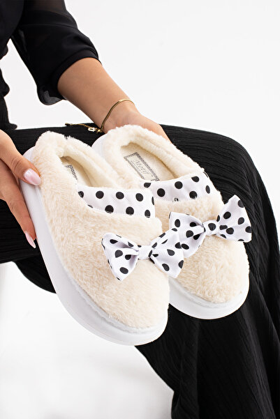 ALTUVATEKS Λούτρινες γυναικείες παντόφλες σπιτιού - Αδιάβροχη χοντρή σόλα με λεπτομέρεια προίκας και δέματος