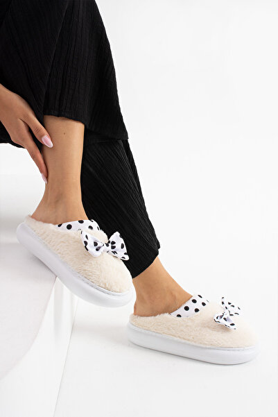 ALTUVATEKS Λούτρινες γυναικείες παντόφλες σπιτιού - Αδιάβροχη χοντρή σόλα με λεπτομέρεια προίκας και δέματος