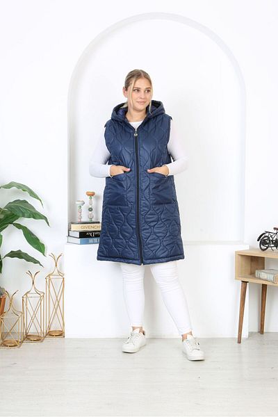 Şans Women's Large Size Navy Blue Hooded Long Vest with Quilted Pockets 65N38334