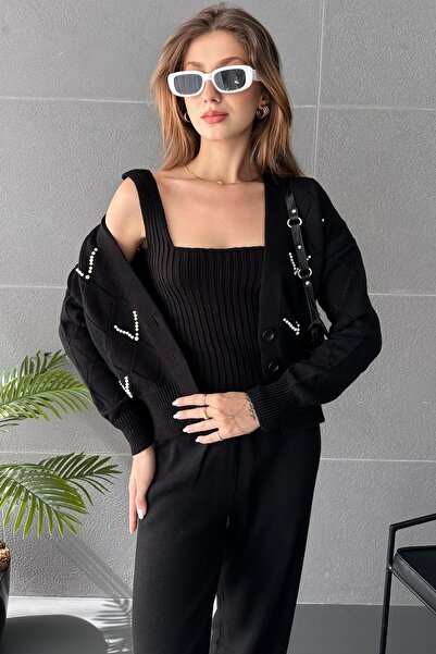 Fav Style Black Women's Knitwear Set - Thick Strap Blouse, Embroidered Cardigan and Wide Leg Trousers