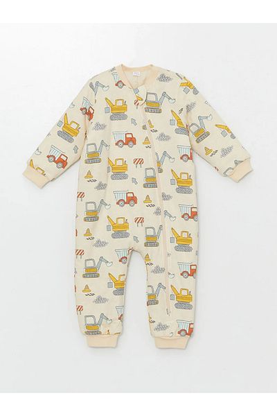 LC Waikiki Beige Crew Neck Long Sleeve Printed Baby Boy Romper