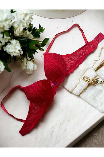 Şenay Women's Red Color Supported Half Lace Bra