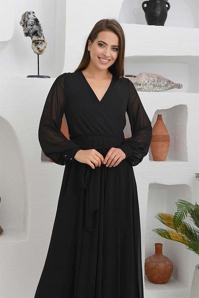 Carmen Βραδινό φόρεμα μαύρο σιφόν με διπλό στήθος