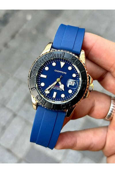 Choppers Blue Silicone Cord Gold Detail Diver Sliding Seconds Dial Diver Men's Wristwatch
